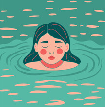 Girl In The Water. The Girl Swims In The Water. Portrait Illustration. Vector Graphics, Flat Style. Girl On Vacation. The Girl In The Pool