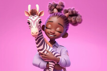 Generative AI Illustration Of Smiling African American Girl In Purple Shirt With Closed Eyes Embracing Cute Little Zebra On Pink Background