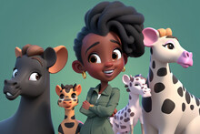 Generative AI Illustration Of Happy African American Stylish Female With Creative Hairstyle And Crossed Arms In Trendy Clothes Smiling And Looking Away While Standing Near Cartoon Animals 