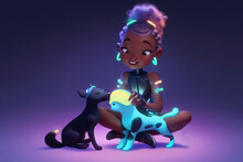 Generative AI Illustration Of Fill Body Of Ethnic Happy Lady With Creative Hairstyle And Neon Accessories Smiling While Caressing Cats Against Purple Background