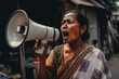 © ADDICTIVE STOCK - Generative AI illustration of serious ethnic woman in traditional outfit shouting loudly with loudspeaker while standing on street