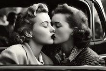 Generative AI Illustration With Black And White Vintage Picture Of Young Lesbian Couple In Formal Suits And Hats Kissing In Car