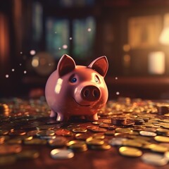 Wall Mural - Piggy bank filled with coins scattered on the table, savings and financial management. Generative AI