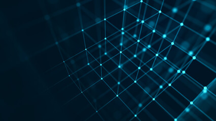 Fototapete - Digital blockchain concept. Data storage in separate cells. Abstract background with dots and connection lines. 3D .