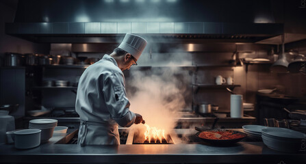 Wall Mural - Professional Chef in a Restaurant Kitchen Cooking with Flame and Smoke. Generative AI