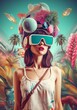 © VICHIZH - woman technology vr travel glasses digital future abstract blue reality virtual. Generative AI.