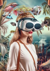 tech woman abstract technology virtual travel future reality glasses vr digital. Generative AI.