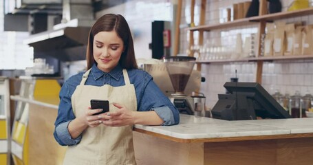 Aufkleber - Talking, cafe and face of a barista on a phone call for stock, restaurant planning and orders. Happy, service and portrait of a female coffee shop owner speaking on a mobile for a reservation