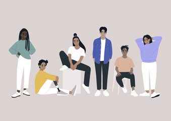 Wall Mural - A group of young diverse characters gathered together, casual attire and candid poses