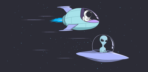 Wall Mural - astronaut and alien racing on flying saucers and spaceship
