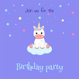 Fototapeta Dinusie - Card invitation for birthday party with cute unicorn, balls, stars, flower, cloud for babe