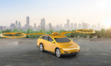 Fototapeta Miasta - Driverless taxi or autonomous taxi with electric flying yellow car