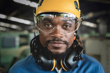 Portrait of smiling African American industrial engineer worker wearing safety helmet and uniform looking at camera standing in industry manufacturing factory in the background.