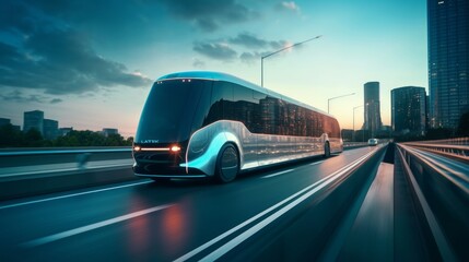 Futuristic double-decker bus. The concept of autonomous transportation. Generative AI