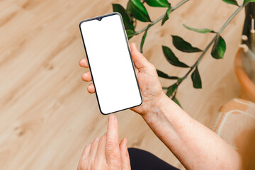 senior woman hands holding smart phone with mockup white blank display,empty screen for social media