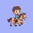 Flat Design Concept, Cartoon Vector Icon Depicting a Kid Engaged in Horse Racing