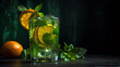 Fresh orange lemonade with ice decorated with mint twigs and orange slices on the black background with copy space, generative AI