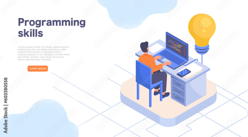 Programmer Light Bulp IT company concept. Man sitting at laptop next to light bulb ...