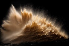 Sand Explosion, With Splashes Of Golden Colored Sand Against A Dramatic Dark Background, Beautiful Art Of Generative Ai