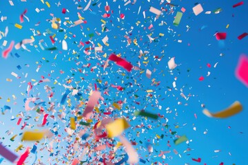 Low angle view of a colorful confetti rain showered against a clear blue sky