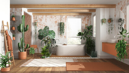 urban jungle interior design, wooden bathroom in white and orange tones with many houseplants. frees