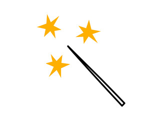 Hand drawn cute cartoon illustration of magic wand with abstract stars. Flat vector witchcraft concept in doodle style. Сasting a spell sticker, icon. Isolated on white background.