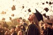 © InputUX - High school or college graduation scene with joyful graduates, candidly celebrating by throwing their mortarboards in the air, a proud coming of age moment, generative ai