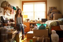 Female College Freshman Candidly Unpacking, Moving Into Her University Dorm Room, Marking A Significant Coming Of Age Moment, Generative Ai