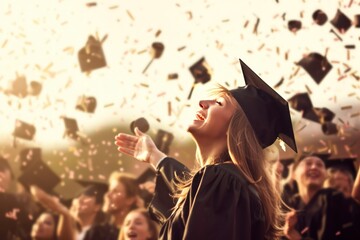 High school or college graduation scene with joyful graduates, candidly celebrating by throwing their mortarboards in the air, a proud coming of age moment, generative ai