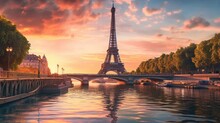 Paris Eiffel Tower And River Seine At Sunset In Paris, France. Eiffel Tower Is One Of The Most Iconic Landmarks Of Paris., Generative AI