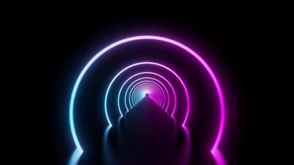 Poster - Neon circle lights geometric abstract tunnel, flight inside tunnel, light abstract background, Blue and purple neon circles hi-tech motion background. 3d animation of seamless loop