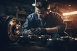 © Tamara - Portrait of Mechanical engineer-turner processes manufacturing steel parts in workshop of production. Generative AI