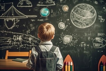 A student looking at blackboard with space drawing on it.