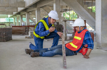 accident in site work,a piece of wood fell from height hit on a worker's legs while working at a new building, a colleague rescued him from  accident.concept risk management, safety at work