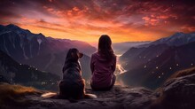 Woman And Canine Watching Disorienting Scene Of Celebrated Lights At Sunset In Tall Mountains. AI Generated