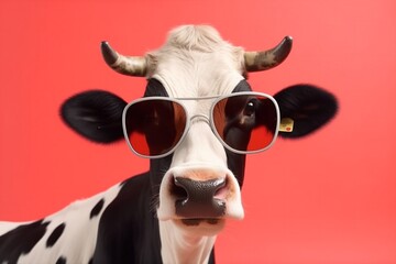 Wall Mural - head character cow face animal cute portrait funny sunglasses colourful. Generative AI.