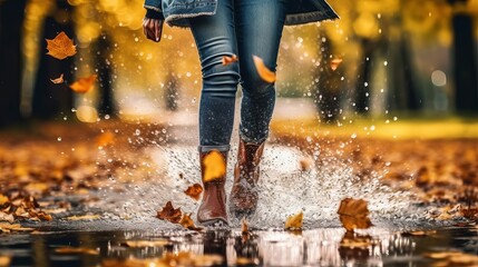Lady wearing rain adaptable boots strolling running and bouncing into puddle with water sprinkle and drops in collect time rain. AI Generated