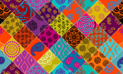 Fototapete - Textille patchwork pattern. Seamless Vector image. Bright tribal patchwork.