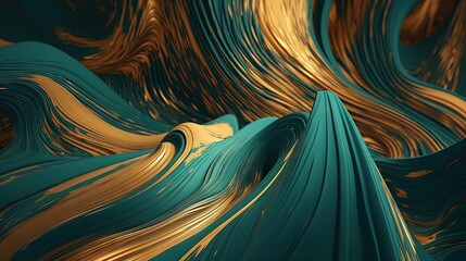 Poster -  an abstract painting of gold and teal waves on a black background.  generative ai