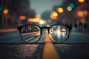 glasses on the road, vision problem, difference in vision with and without glasses, Generative AI prescription glasses, vision correction