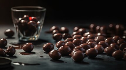 Wall Mural -  a glass filled with chocolate covered almonds on a table.  generative ai