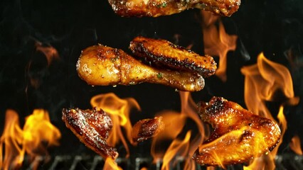 Sticker - Super Slow Motion of Chicken Pieces Falling on Grill With Fire, Black Background. Filmed on High Speed Cinema Camera, 1000 fps. Tracking the Target Down.