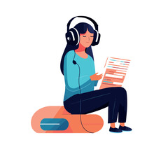 Poster - Young adult sitting, reading and listening to headphones