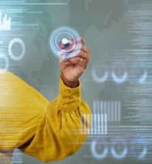 Poster - Hands, digital pen and writing on smart dashboard, hud or overlay for global communication or data analytics. Hand of woman and person in research on future display, holographic UI or technology