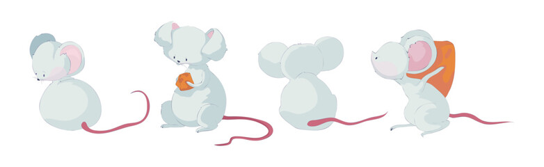 Wall Mural - Funny White Mouse Character with Long Pink Tail Vector Set