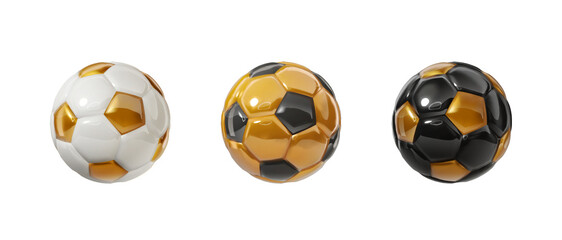 Colorful soccer balls collection. White, golden, black glossy football balls isolated design elements on transparent background. 3d design elements. Luxury sport awards icons