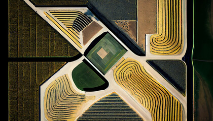 Abstract geometric shapes of agricultural parcels of different crops in yellow and green colors. Aerial view shoot from drone directly above field Generative AI