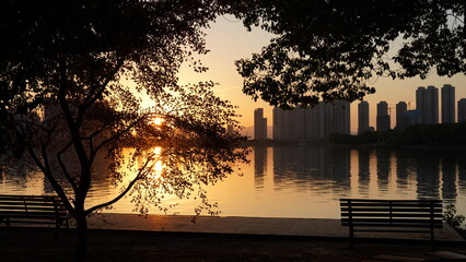 Wall Mural - the beautiful sunset view with the buildings' silhouette and orange color sky mirrored in the peacef