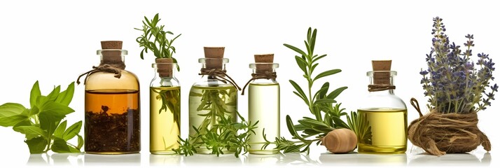 Herb oil bottles of homeopathy herbs. Generative AI. Isolated on white background