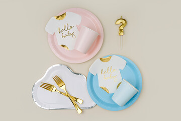 Wall Mural - Baby shower party decorations. Paper party plates in pink and blue colored with napkins in the shape of bodysuits for themed party. Set of holiday disposable tableware for gender party. Boy or girl.